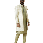 Alluring Cream Geometrical Thread Embroidered Open Sherwani with Lime Green Kurta-Pajama Set | Father Son Combo | Jaipurio Collection